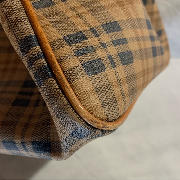 Kirino Collection plaid tan and navy leather bag roomy with inside pocket - Picture 13 of 16